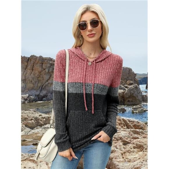 Women Color Block Hoodie Sweatshirt Long Sleeve Pullover Pocket Casual Tops - Picture 6 of 8